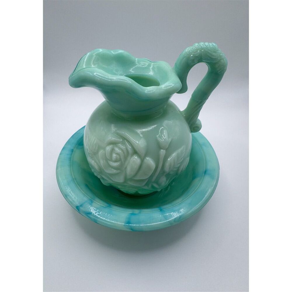 Vintage Avon Milk Glass Pitcher & Basin Set with Rose Design 1970s
